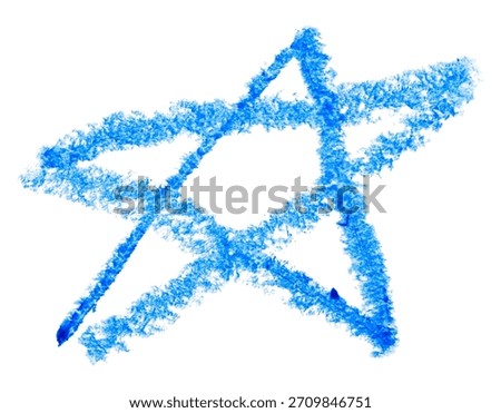 Hand drawn blue five pointed star, simple children's crayon illustration isolated