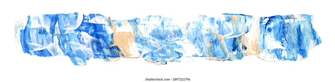 Hand Drawn Blue And Gold Brushstroke Swash. Horizontal Banner, Header Template. Paint Swatch Smear Isolated On White Background. Stain Splash Art Stroke. Abstract Texture Splatter Clipart