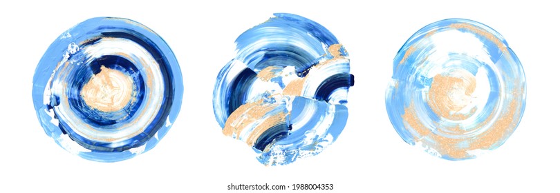 Hand Drawn Blue And Golden Brushstroke Circle Swash Set. Round Paint Swatch Smears Premade Composition Isolated On White Background. Stain Splash Art Strokes. Abstract Creative Splatter Clipart