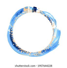 Hand Drawn Blue And Golden Glitter Brushstroke Swash With White Circle Border Isolated. Acrylic Paint Swatch Smear. Splash Art Stroke. Abstract Clipart. Card Frame Template