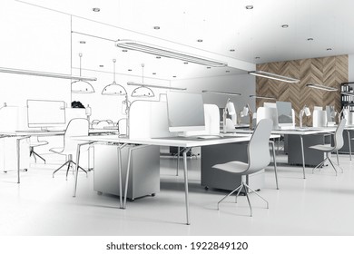 Hand Drawn Blueprint Of Modern Coworking Office Interior Design With Eco Style Decoration. 3D Rendering