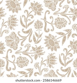 Hand drawn boho style pattern, beige ornamental flowers, doodle. Seamless floral pattern-644