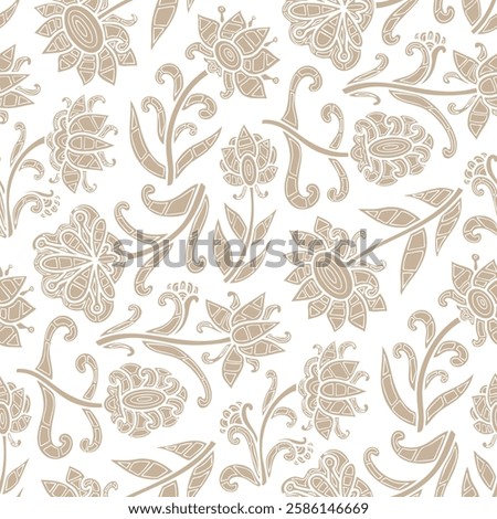 Hand drawn boho style pattern, beige ornamental flowers, doodle. Seamless floral pattern-644