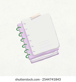 Hand drawn book illustration of a stacked notebook, featuring a purple cover and blank pages. This notebook design is perfect for students and creatives looking for a stylish notebook. - Powered by Shutterstock