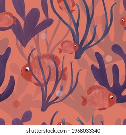 Hand Drawn Bottom Of The Sea Seamless Underwater Pattern,  With Blue Corals, Algae And Golden Fish For Printing, Fabric, Textile, Manufacturing, Wallpapers