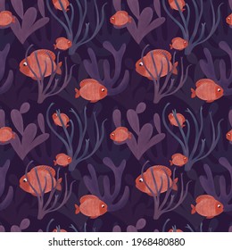 Hand Drawn Bottom Of The Sea Seamless Underwater Pattern,  With Blue Corals, Algae And Golden Fish For Printing, Fabric, Textile, Manufacturing, Wallpapers