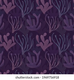 Hand Drawn Bottom Of The Sea. Seamless Underwater Pattern, With Blue Corals, Algae  For Printing, Fabric, Textile, Manufacturing, Wallpapers

