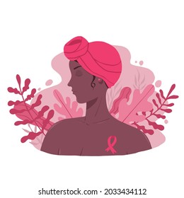 hand drawn breast cancer awareness illustration with black woman in turban and  floral leaf around her - Powered by Shutterstock