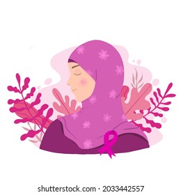 hand drawn breast cancer awareness illustration with a woman in pink hijab and floral around her - Powered by Shutterstock