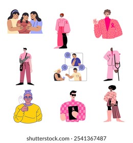 Hand drawn breast cancer awareness month for disease prevention campaign and diverse ethnic women and men together with pink support ribbon symbol on chest concept, flat vector illustration icons set  - Powered by Shutterstock