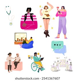 Hand drawn breast cancer awareness month for disease prevention campaign and diverse ethnic women and men together with pink support ribbon symbol on chest concept, flat vector illustration icons set  - Powered by Shutterstock