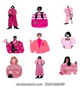 Hand drawn breast cancer awareness month for disease prevention campaign and diverse ethnic women and men together with pink support ribbon symbol on chest concept, flat vector illustration icons set  - Powered by Shutterstock