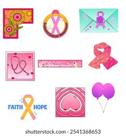 Hand drawn breast cancer awareness month for disease prevention campaign and diverse ethnic women and men together with pink support ribbon symbol on chest concept, flat vector illustration icons set  - Powered by Shutterstock