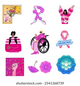 Hand drawn breast cancer awareness month for disease prevention campaign and diverse ethnic women and men together with pink support ribbon symbol on chest concept, flat vector illustration icons set  - Powered by Shutterstock