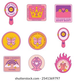 Hand drawn breast cancer awareness month for disease prevention campaign and diverse ethnic women and men together with pink support ribbon symbol on chest concept, flat vector illustration icons set  - Powered by Shutterstock