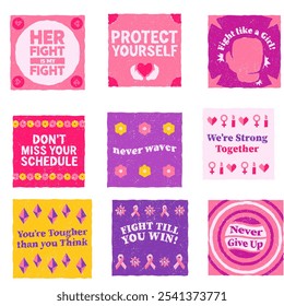 Hand drawn breast cancer awareness month for disease prevention campaign and diverse ethnic women and men together with pink support ribbon symbol on chest concept, flat vector illustration icons set  - Powered by Shutterstock