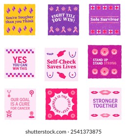 Hand drawn breast cancer awareness month for disease prevention campaign and diverse ethnic women and men together with pink support ribbon symbol on chest concept, flat vector illustration icons set  - Powered by Shutterstock