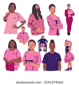 Hand drawn breast cancer awareness month for disease prevention campaign and diverse ethnic women and men together with pink support ribbon symbol on chest concept, flat vector illustration icons set  - Powered by Shutterstock