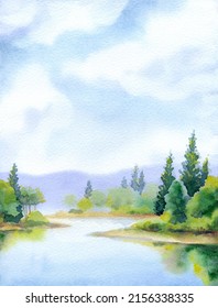 Hand drawn bright paint artwork quiet heaven scene sketch white paper backdrop text space  Light blue color calm rural hill swamp creek bay green grass field wood thicket plant fall haze fog mist view