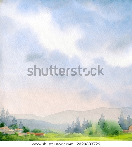 Hand drawn bright paint artwork sunny heaven scene sketch text space white paper backdrop. Light calm europe travel hill land green grass lawn bush fir plant fall fog mist abstract artist scenic view