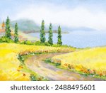 Hand drawn bright watercolour paint sketch scene on white paper backdrop retro style. Scenic blue color marine outdoor coast day cloud. Artwork fall cereal corn trail way travel town view text space