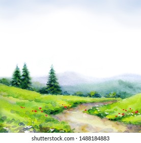 Hand drawn bright watercolour paint sketch on paper backdrop. Space for text on scenic blue color heaven view. Quiet rustic taiga mow day. Artwork mount fall scene. Green wild pine on glade track way