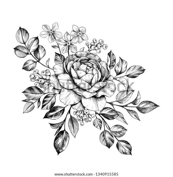 白い背景に手描きのバラ ベリー 小さな花の束 ビンテージ風のモノクロエレガントな花柄の組成 Tシャツ タトゥーデザイン のイラスト素材