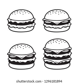 手描きのハンバーガースケッチセット シンプル ダブル トリプルのチーズバーガー 白黒のイラスト のイラスト素材