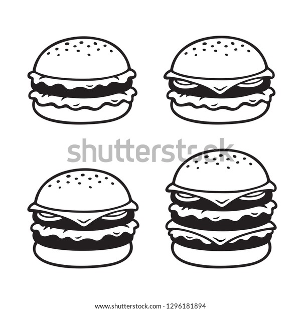 手描きのハンバーガースケッチセット シンプル ダブル トリプルのチーズバーガー 白黒のイラスト のイラスト素材