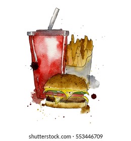 Hand Drawn By Watercolor Fast Food 