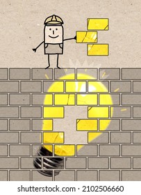 Hand Drawn Cartoon Builder Man With Last Piece Of A Wall And Light Bulb