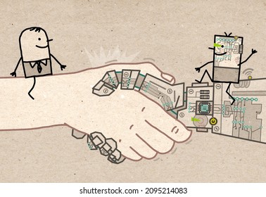 Hand drawn Cartoon Businessman and Robot Meeting on a big Handshake