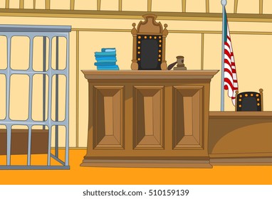 Hand Drawn Cartoon Of Court Interior. Colourful Cartoon Of Courtroom. Background Of Courtroom Interior. Cartoon Of Empty Courtroom With Judge Chair And Table. Cartoon Of Vintage Courtroom With Cage.