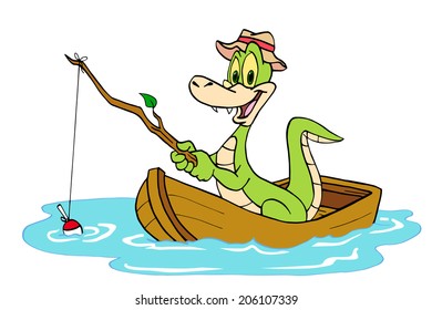 Hand drawn cartoon gator in a boat fishing on a pond/ Fishing Alligator