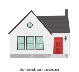 Hand Drawn Cartoon House On White Background Isolated. Flat Style Illustration Cozy Home. Little 
 Cottage Drawing. Creative Digital  Art Work