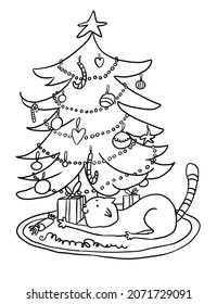 Hand Drawn Cartoon Illustration Of A Cute Cat Hiding Present Box Under The Christmas Tree. Winter Celebration. Holiday Postcard. New Year. Coloring Book Page. Black And White.