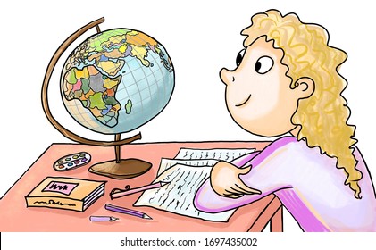 Hand Drawn Cartoon Illustration Of A Girl Doing Her Homework. Quarantine Isolation And Distance Education. 