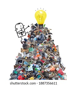 Hand Drawn Cartoon Man Climbing Up A Big Pile Of Garbage Happy To See A Yellow Light Bulb - Collage