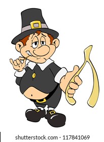 Hand Drawn Cartoon Pilgrim After Dinner/Thanksgiving Pilgrim With Wishbone