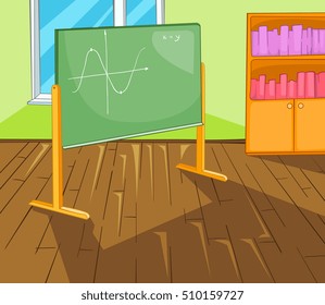 Hand Drawn Cartoon Of Schoolroom Interior. Colourful Cartoon Of Background Of Schoolroom. Background Of Classroom Interior. Cartoon Background Of Classroom With Blackboard And Bookcase.