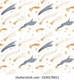 Hand drawn cartoon seamless pattern - space and stars. Watercolor comets. Background of Solar system with magical motifs and constellations. Perfect for home decor, print, baby fabric, kids room