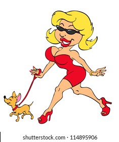 Hand Drawn Cartoon Of A Sexy Woman/Beverly Hills Hollywood Starlet With Chihuahua