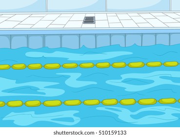 Hand drawn cartoon of sport infrastructure. Cartoon background of indoor swimming pool. Background of professional swimming pool with blue water. Background of swimming pool with lanes for competition - Powered by Shutterstock