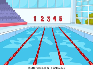 Hand Drawn Cartoon Of Sport Infrastructure. Cartoon Background Of Indoor Swimming Pool. Background Of Professional Swimming Pool With Blue Water. Background Of Swimming Pool With Lanes For Competition