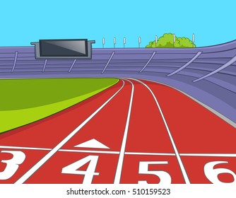 Hand drawn cartoon of of sport stadium. Colourful cartoon of sport stadium with running tracks. Cartoon of red athletics track lanes with the numbering at the stadium. Background of athletics stadium.