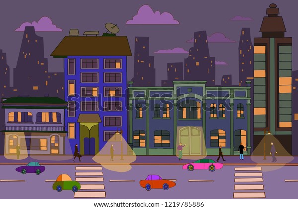 Hand drawn cartoon style city view\
with buildings, cars, clouds and people.\
illustration.