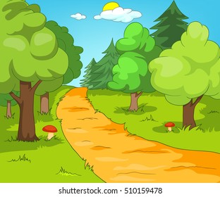 Hand drawn cartoon of summer landscape. Colourful cartoon of summer background. Cartoon background of summer forest with footpath. Cartoon of forest glade. Cartoon of forest landscape.