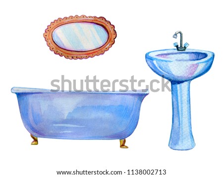 Hand drawn cartoon watercolor illustration of bath room furniture isolated on white background
