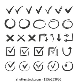 Hand Drawn Check Signs. Doodle V Mark For List Items, Checkbox Chalk Icons And Sketch Checkmarks.  Checklist Marks Icon Set