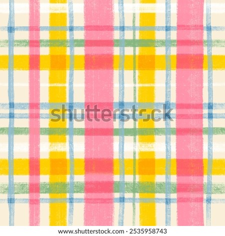 Hand drawn checkered Seamless Pattern. Abstract style plaid, gingham cloth, tartan. Colorful Background. Suits for textile, fabric covers, packaging and gift wrap. Trendy illustration. Print template
